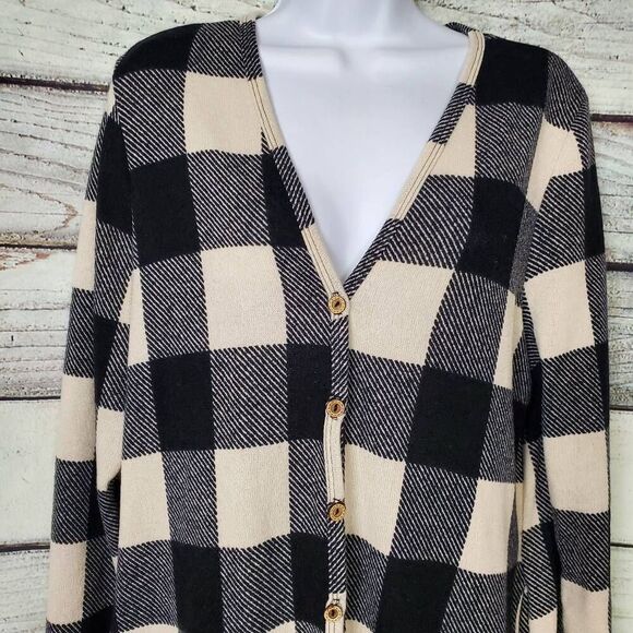 White Birch Women’s Black Ivory Buffalo Plaid Long Button Cardigan Sweater Size - Picture 2 of 10